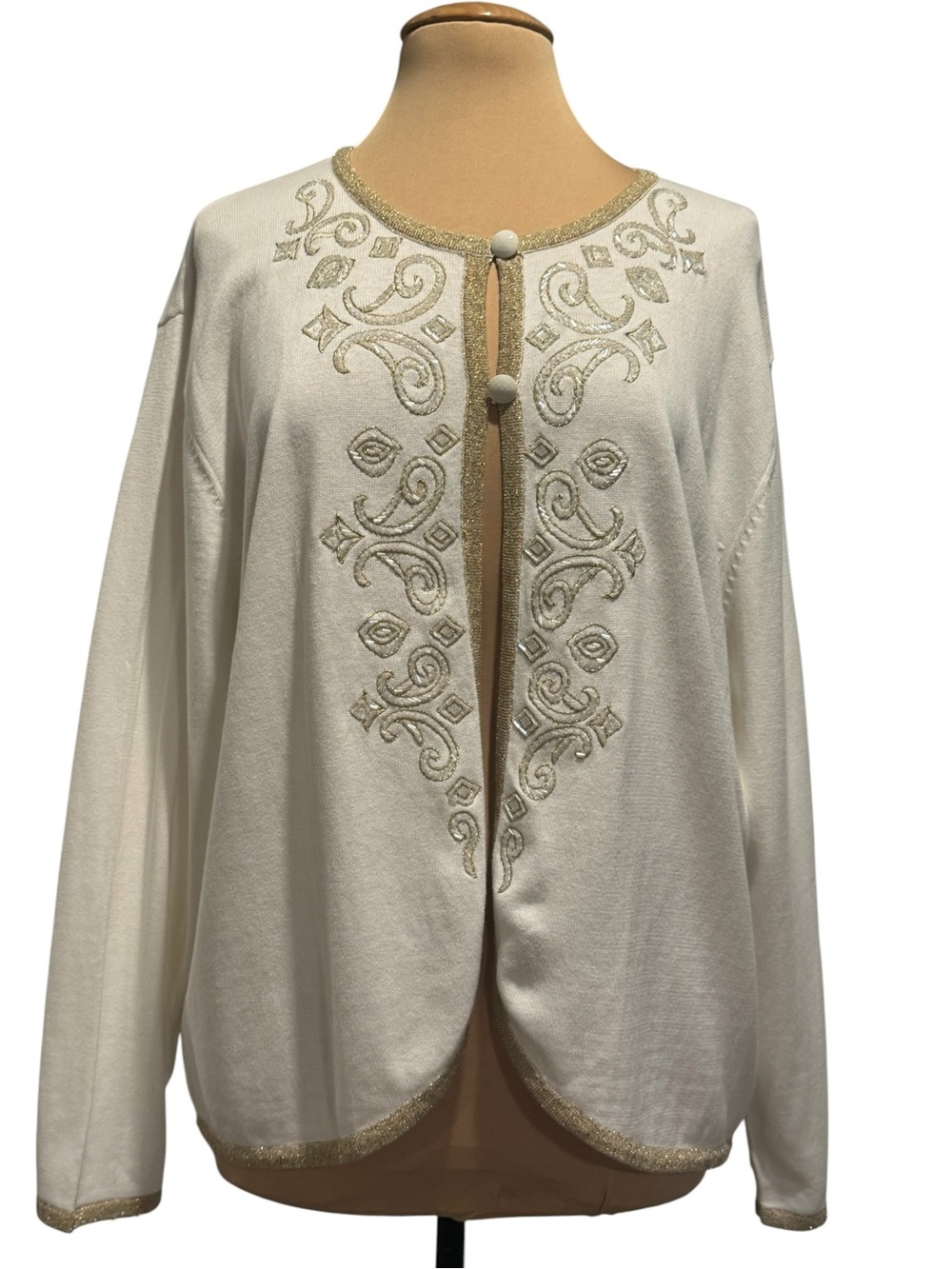 Bob Mackie Ivory Gold Metallic Beaded Ebroidered Cardigan Sweater Formal New 2X